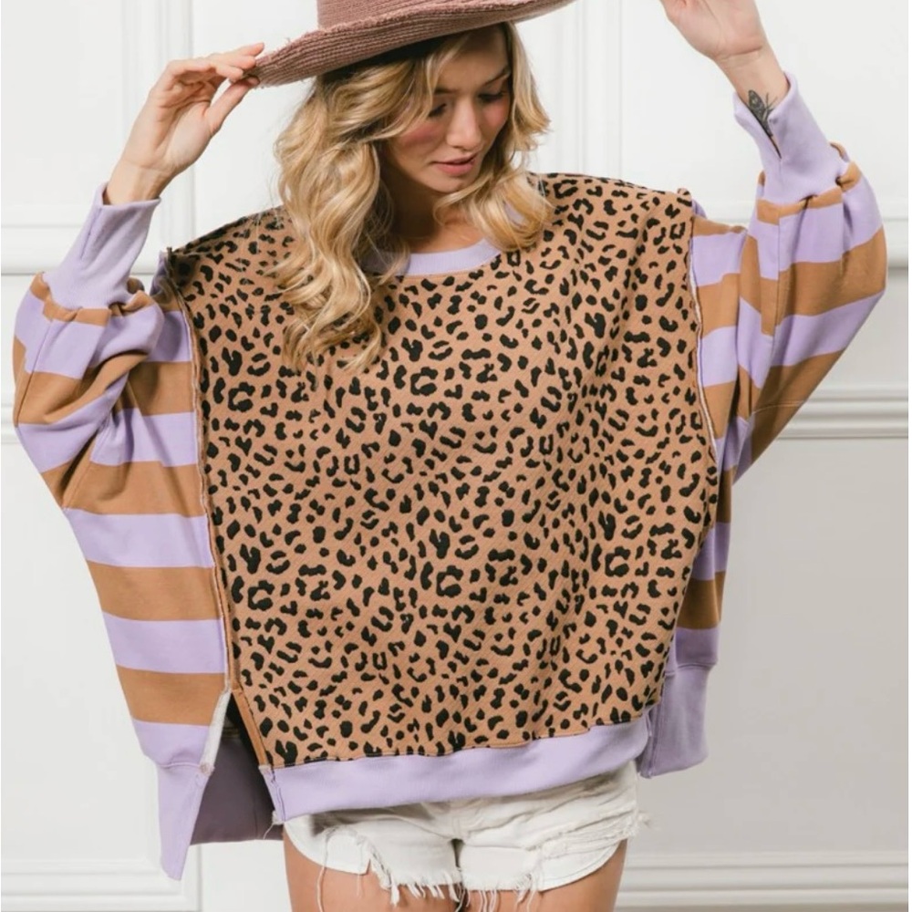 BiBi Lavender & Camel Striped Leopard Panel Pullover